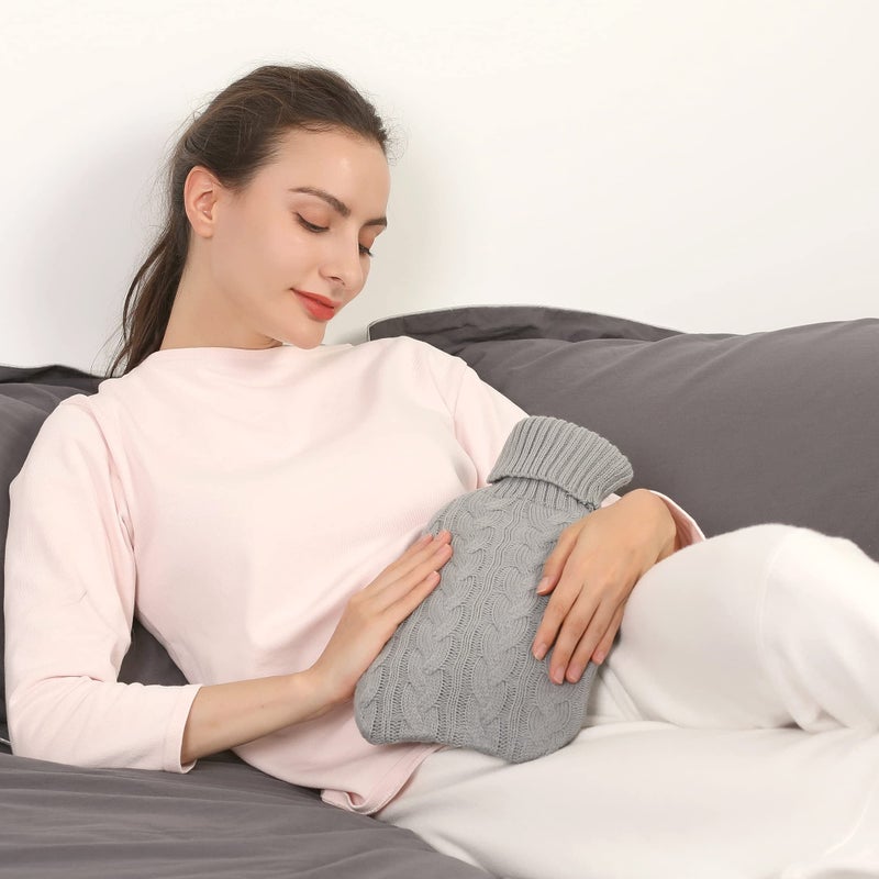 samply Hot Water Bottle with Knitted Cover, 2L Hot Water Bag for Hot and Cold Compress, Hand Feet Warmer, Ideal for Menstrual Cramps, Neck and Shoulder Pain Relief,Grey - Image 3